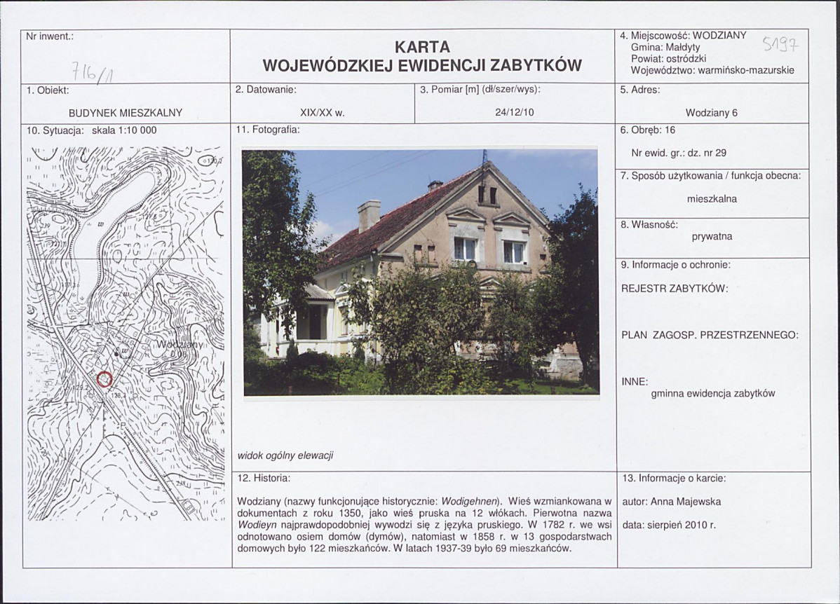 Karta obiektu niewpisanego do rejestru, skan nr 1