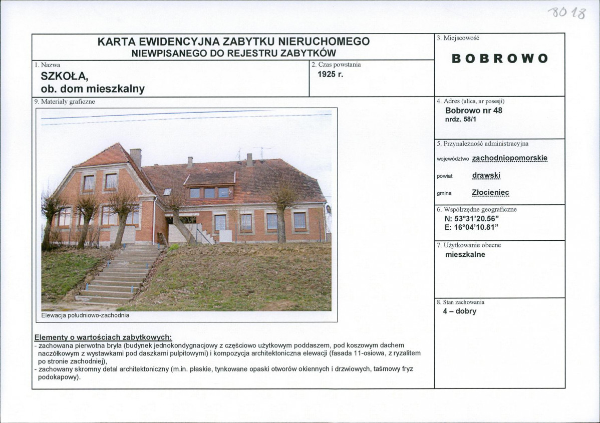 Karta obiektu niewpisanego do rejestru, skan nr 1