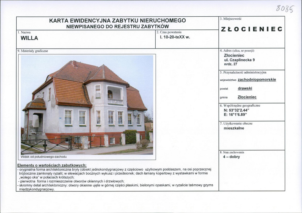 Karta obiektu niewpisanego do rejestru, skan nr 1