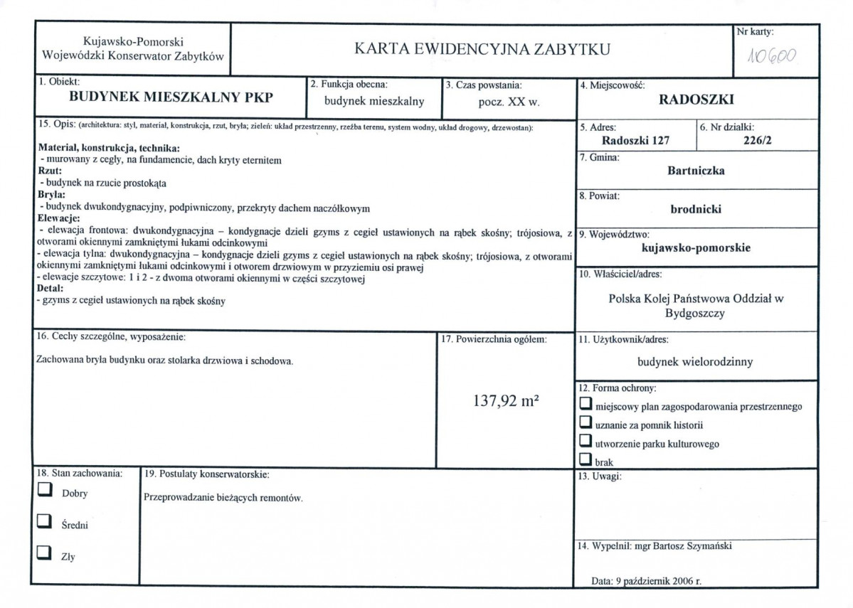 Karta obiektu niewpisanego do rejestru, skan nr 1