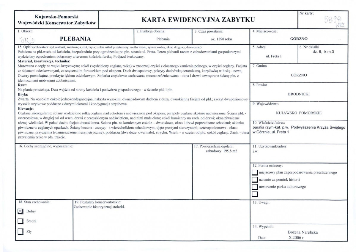 Karta obiektu niewpisanego do rejestru, skan nr 1