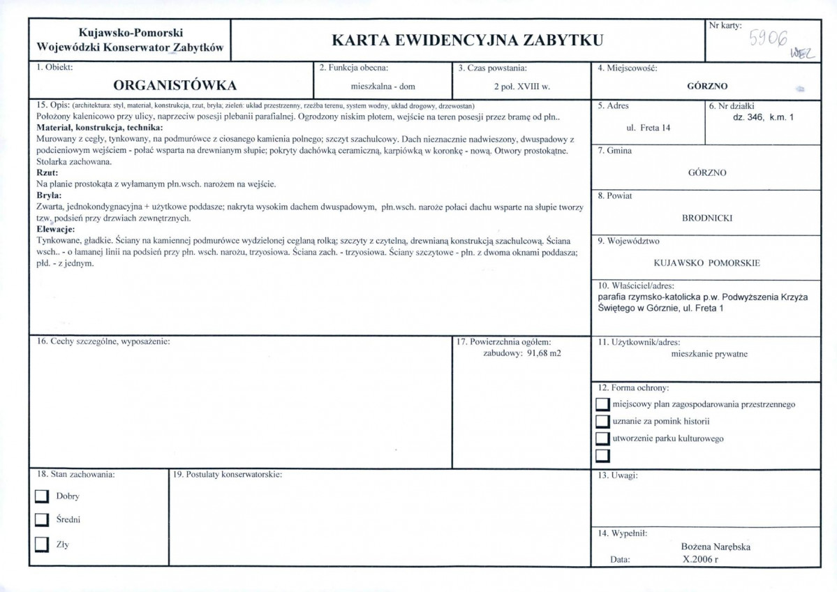 Karta obiektu niewpisanego do rejestru, skan nr 1