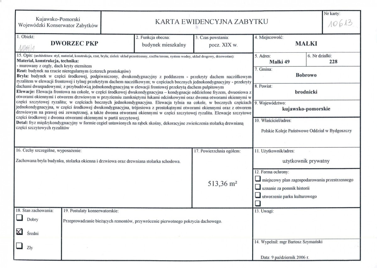 Karta obiektu niewpisanego do rejestru, skan nr 1