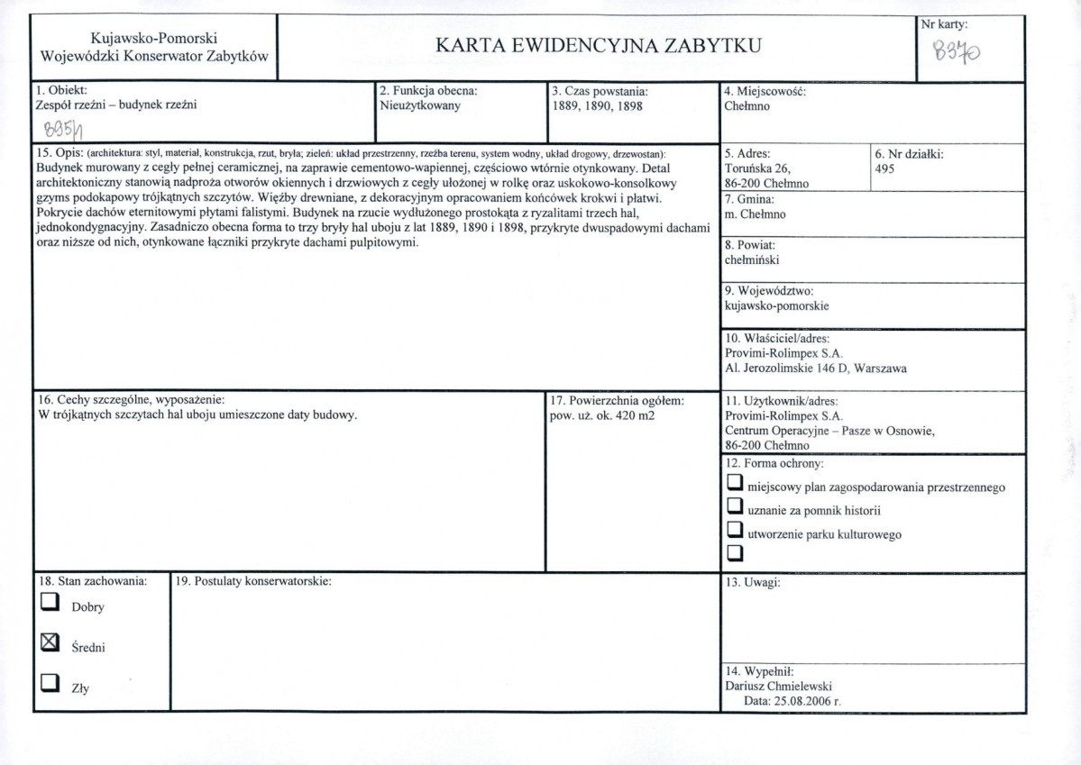 KEZN - Karta obiektu niewpisanego do rejestru, skan nr 1
