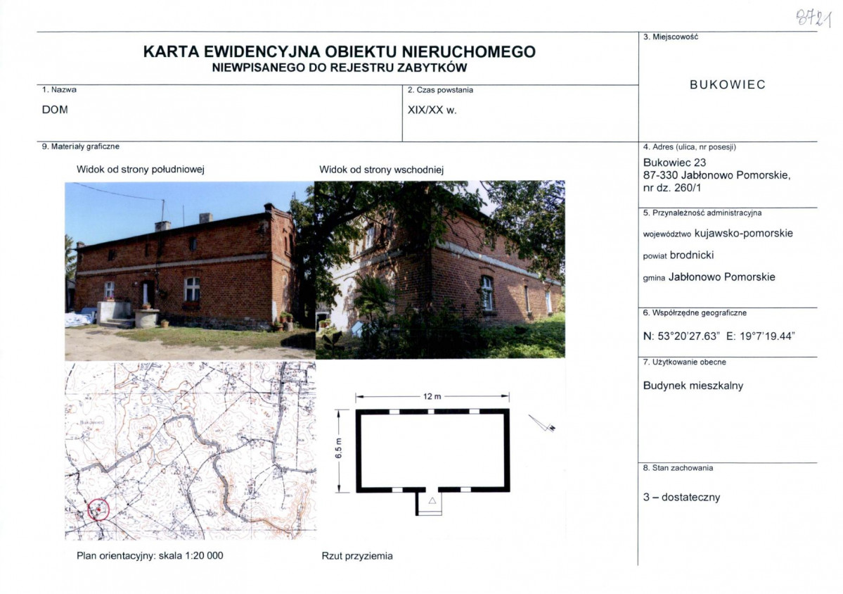 Karta obiektu niewpisanego do rejestru, skan nr 1