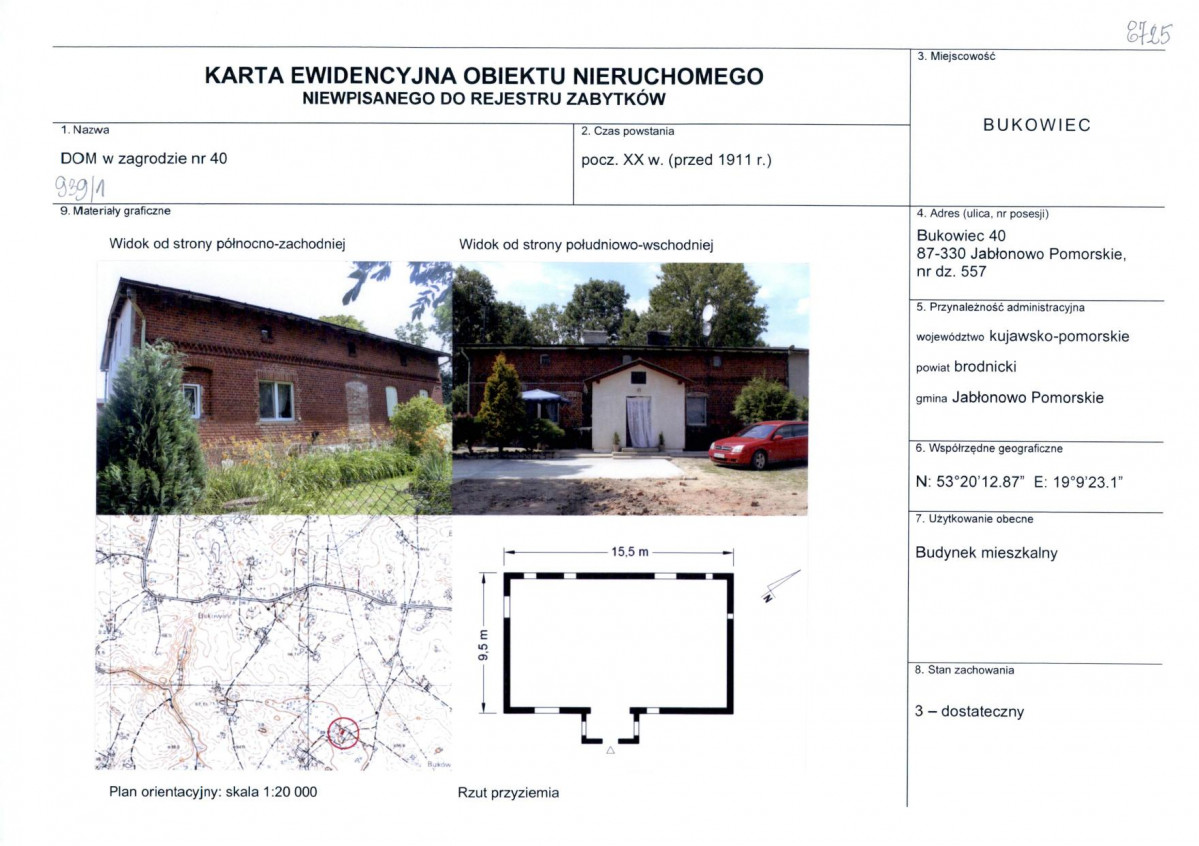 Karta obiektu niewpisanego do rejestru, skan nr 1