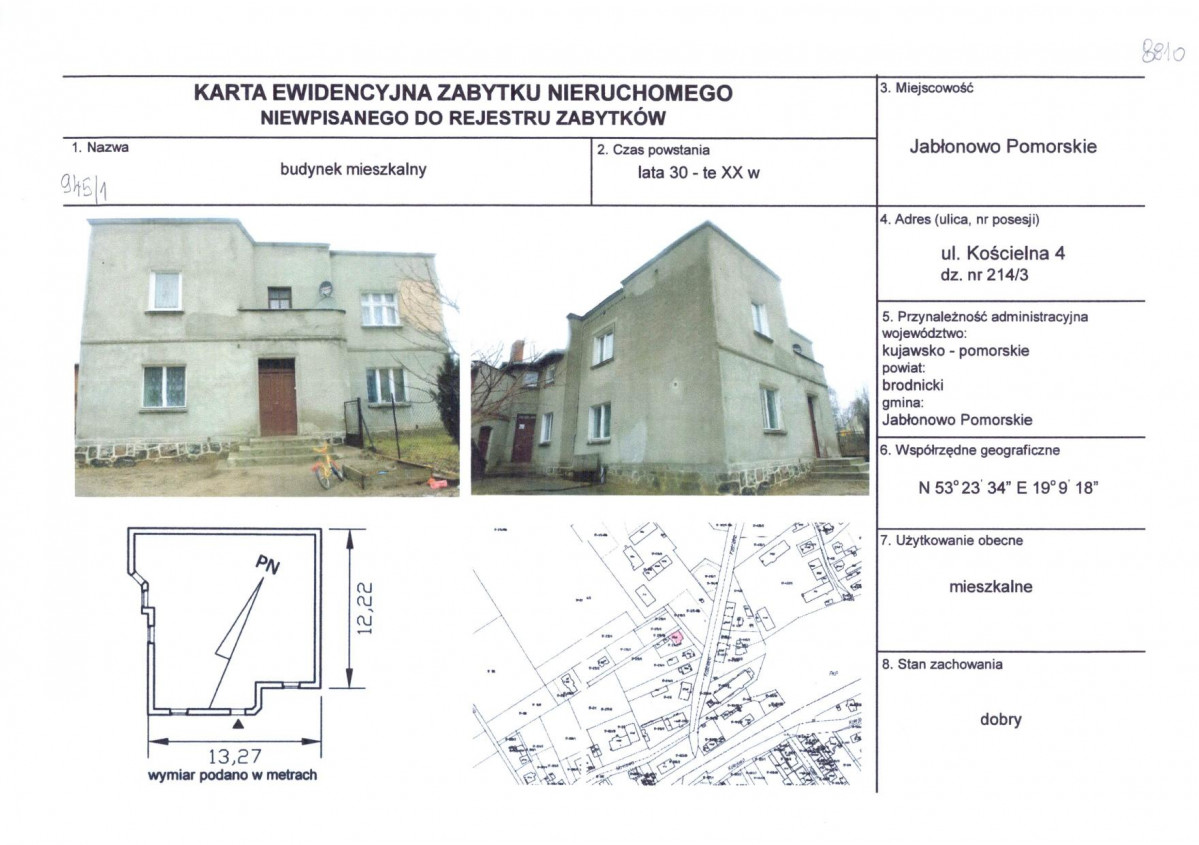 Karta obiektu niewpisanego do rejestru, skan nr 1