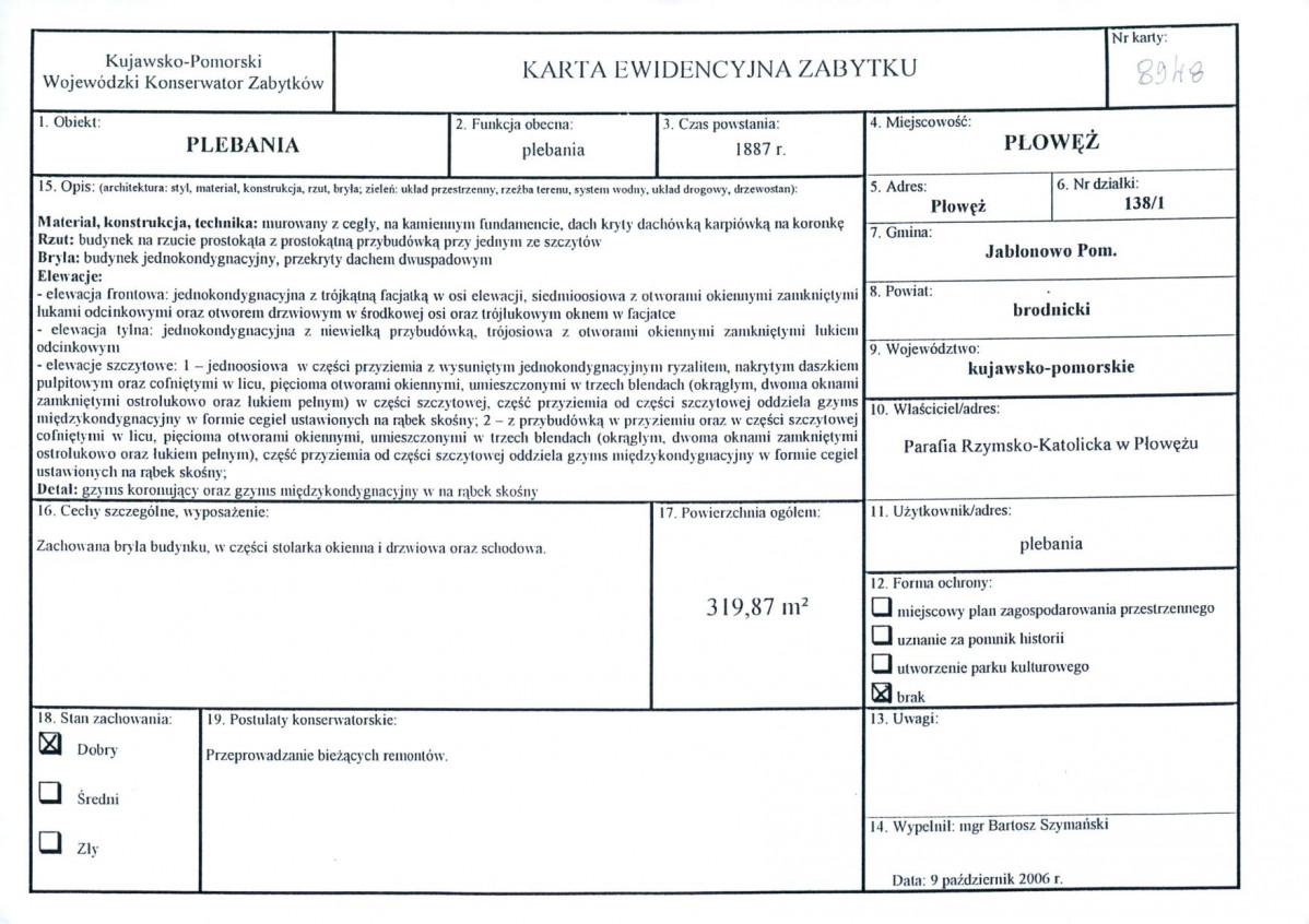 Karta obiektu niewpisanego do rejestru, skan nr 1