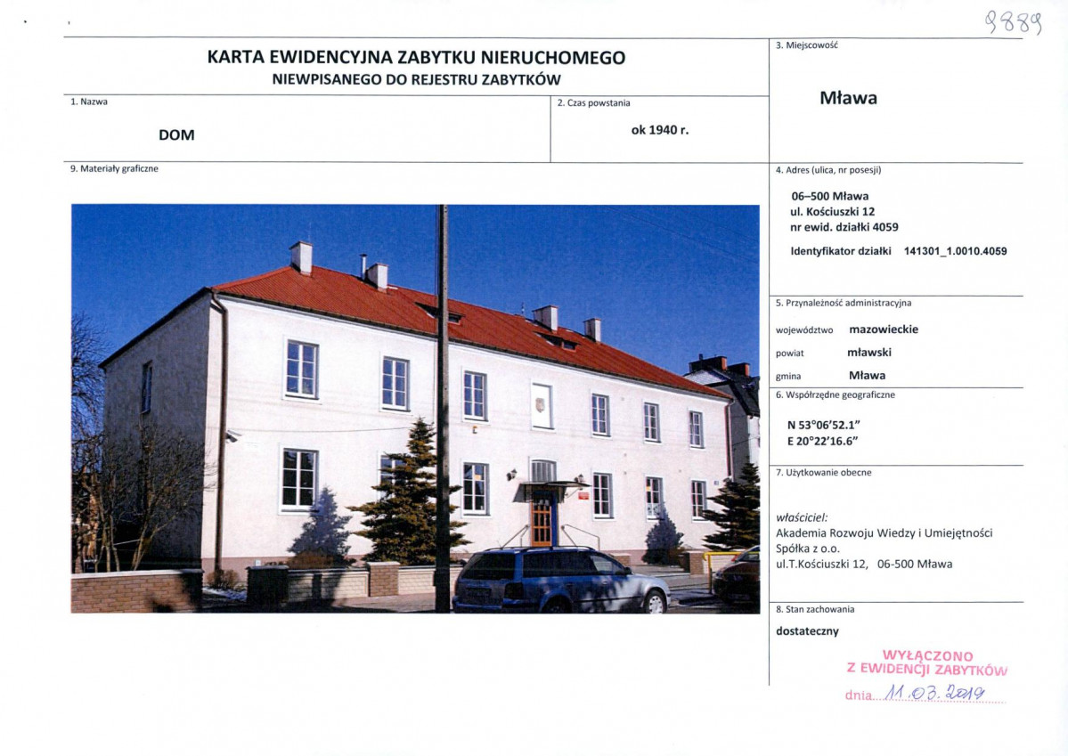 Karta obiektu niewpisanego do rejestru, skan nr 1