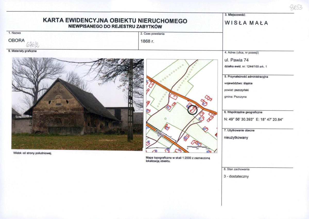 Karta obiektu niewpisanego do rejestru, skan nr 1