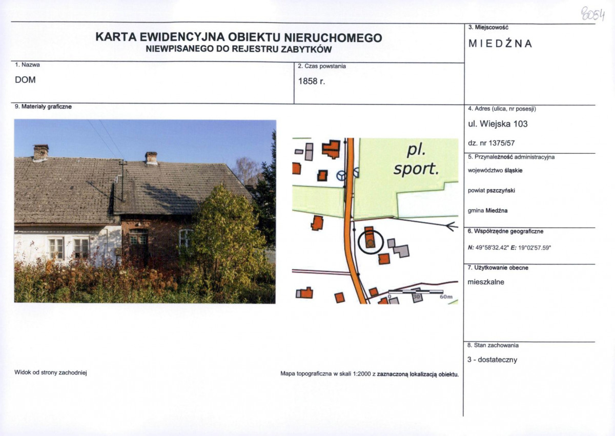 Karta obiektu niewpisanego do rejestru, skan nr 1