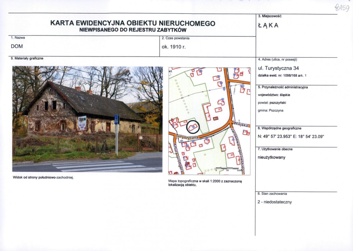Karta obiektu niewpisanego do rejestru, skan nr 1