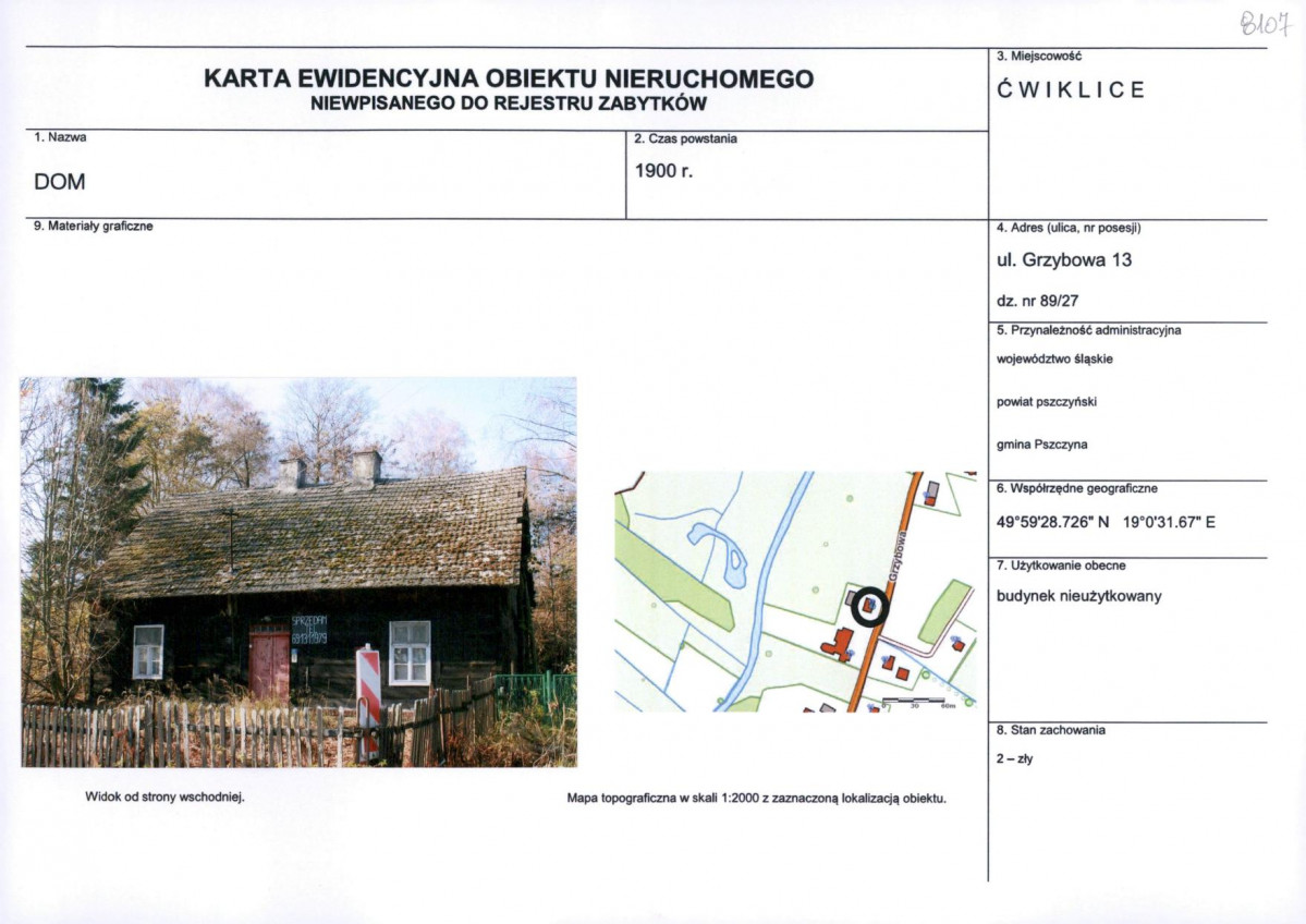 Karta obiektu niewpisanego do rejestru, skan nr 1