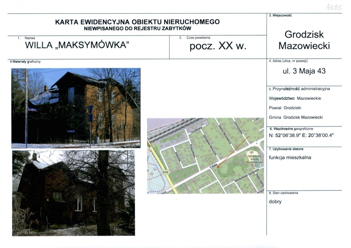 Karta obiektu niewpisanego do rejestru, skan nr 1