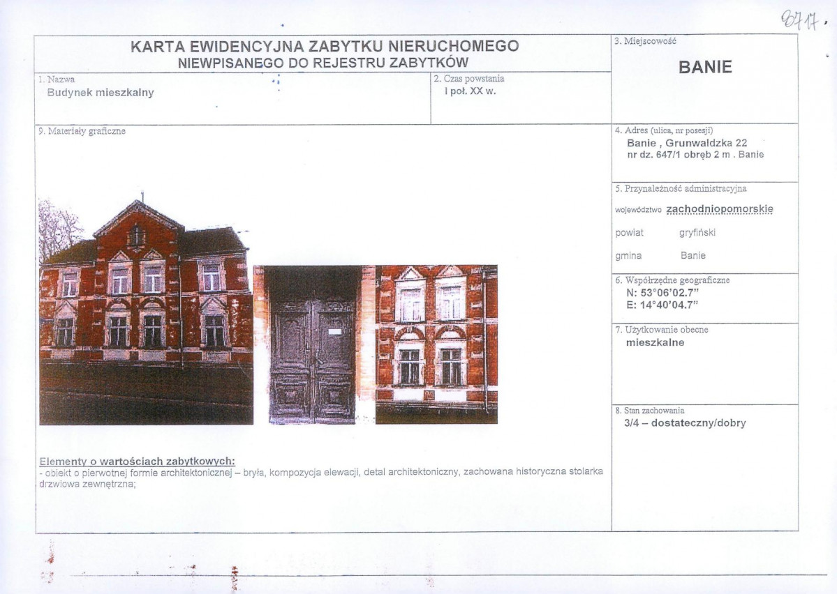 Karta obiektu niewpisanego do rejestru, skan nr 1