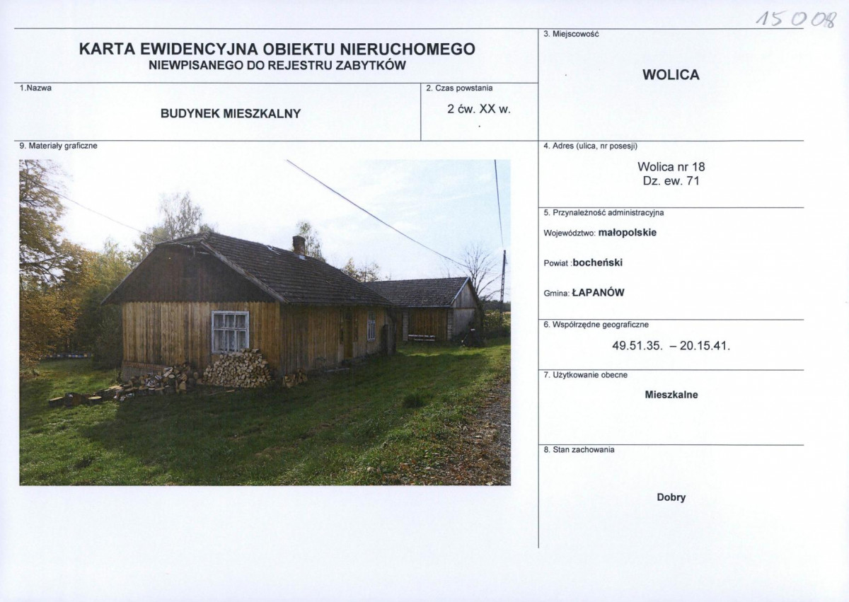 Karta obiektu niewpisanego do rejestru, skan nr 1