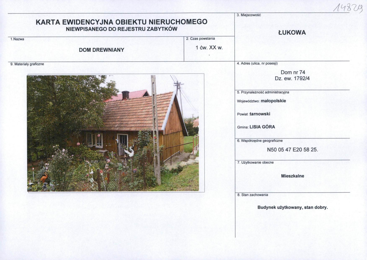 Karta obiektu niewpisanego do rejestru, skan nr 1