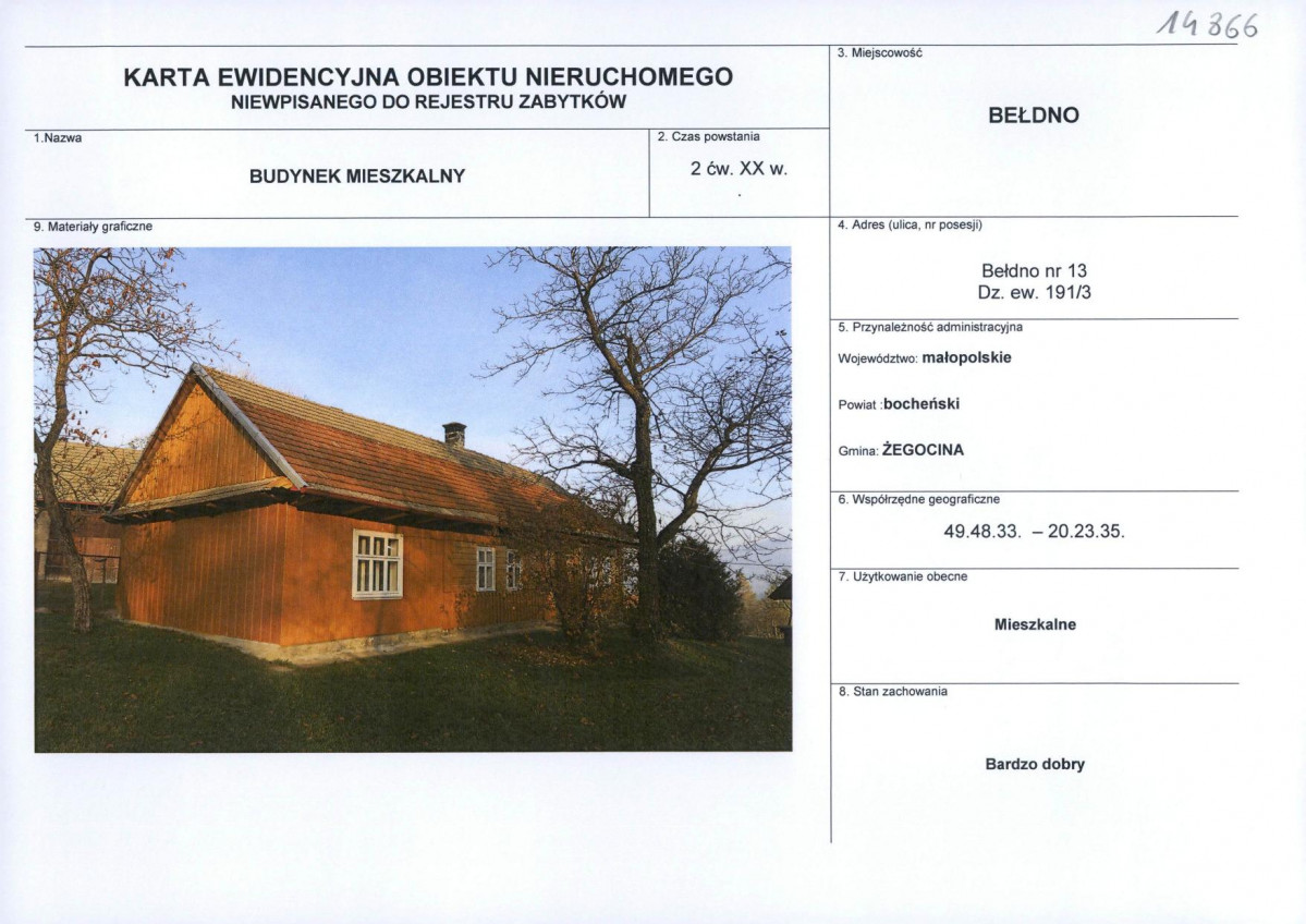 Karta obiektu niewpisanego do rejestru, skan nr 1