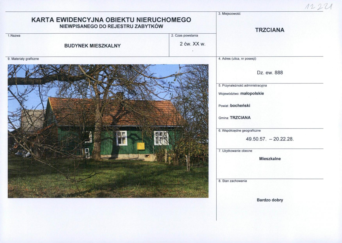 Karta obiektu niewpisanego do rejestru, skan nr 1