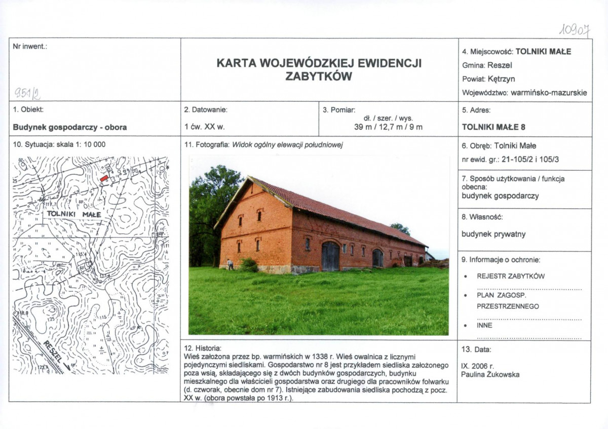 Karta obiektu niewpisanego do rejestru, skan nr 1