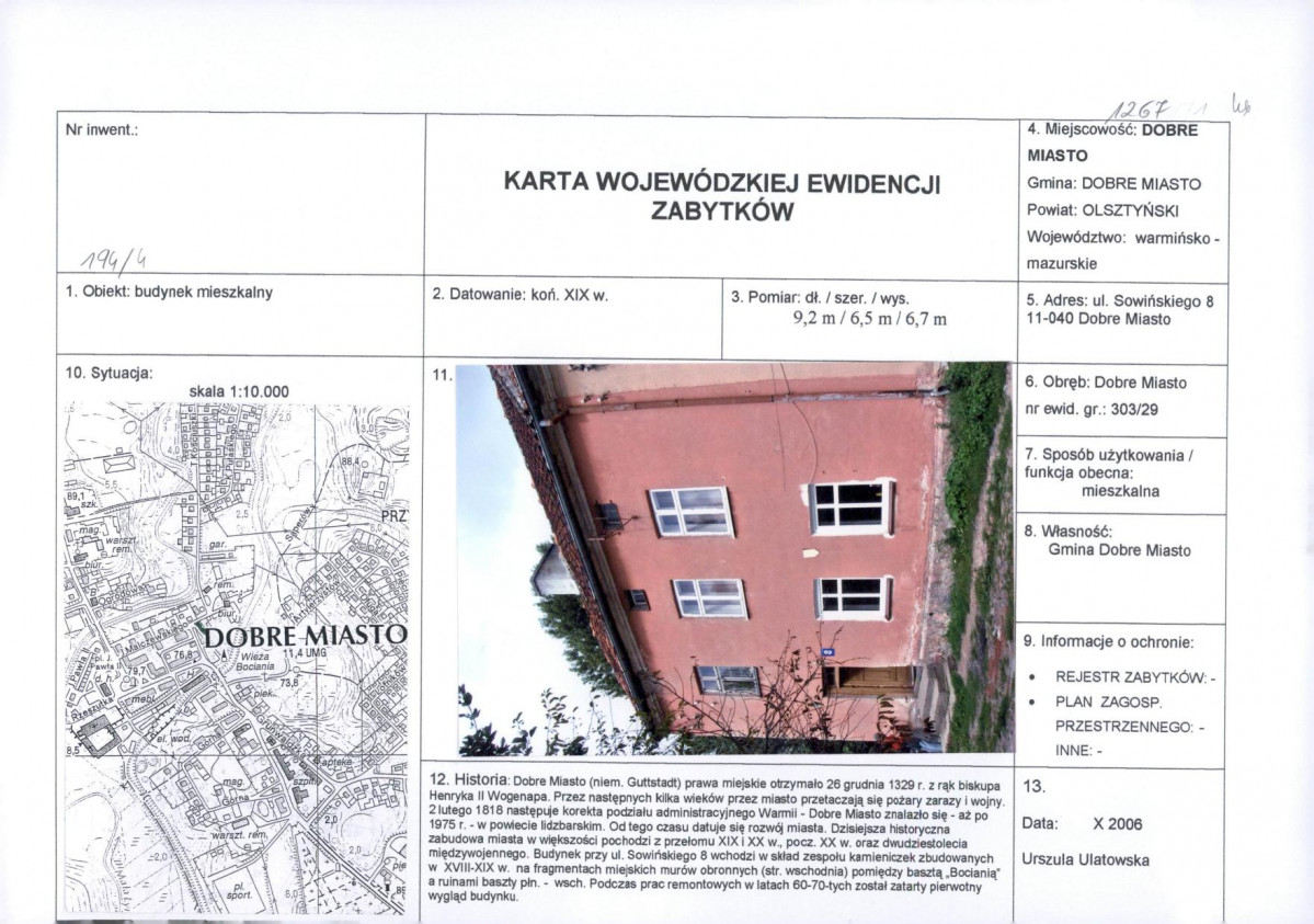 Karta obiektu niewpisanego do rejestru, skan nr 1