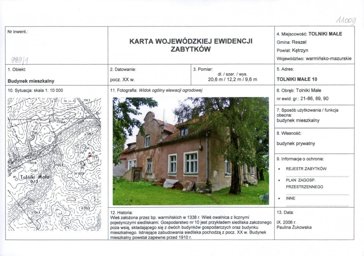 Karta obiektu niewpisanego do rejestru, skan nr 1