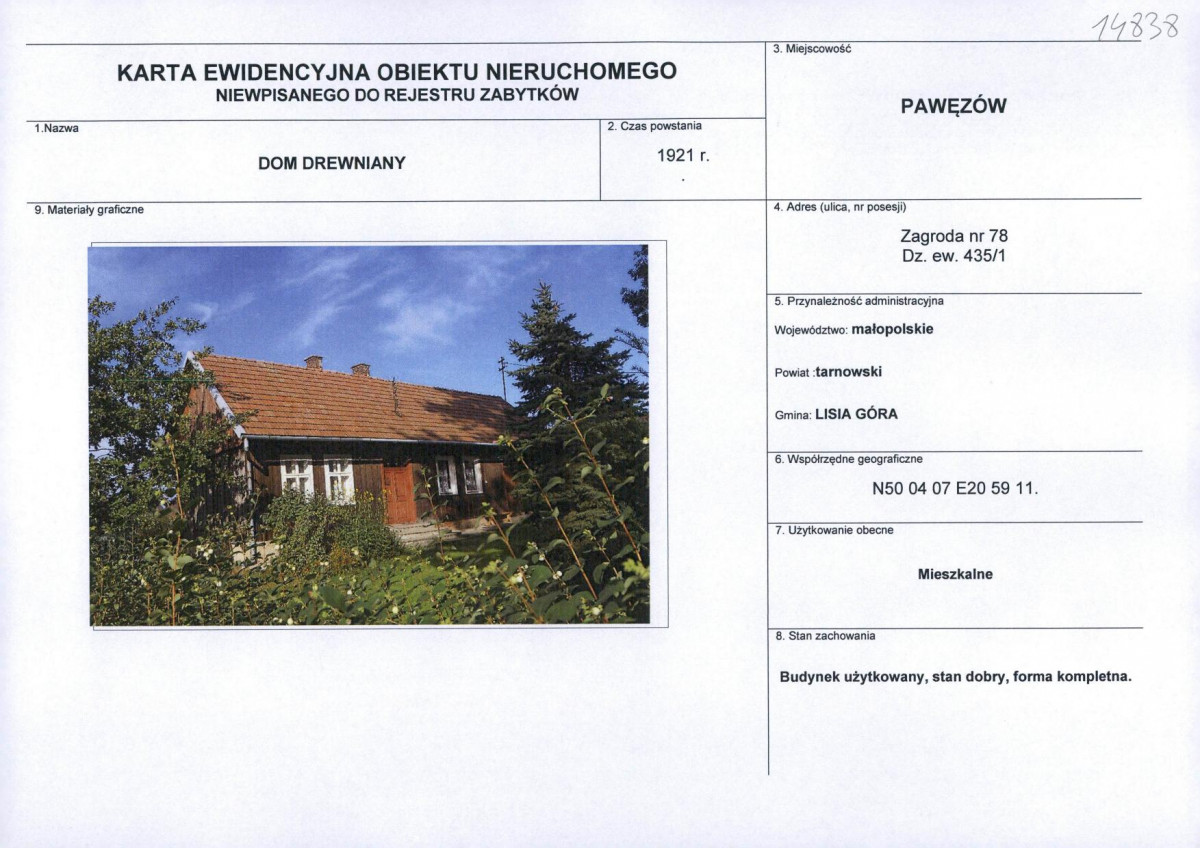 Karta obiektu niewpisanego do rejestru, skan nr 1