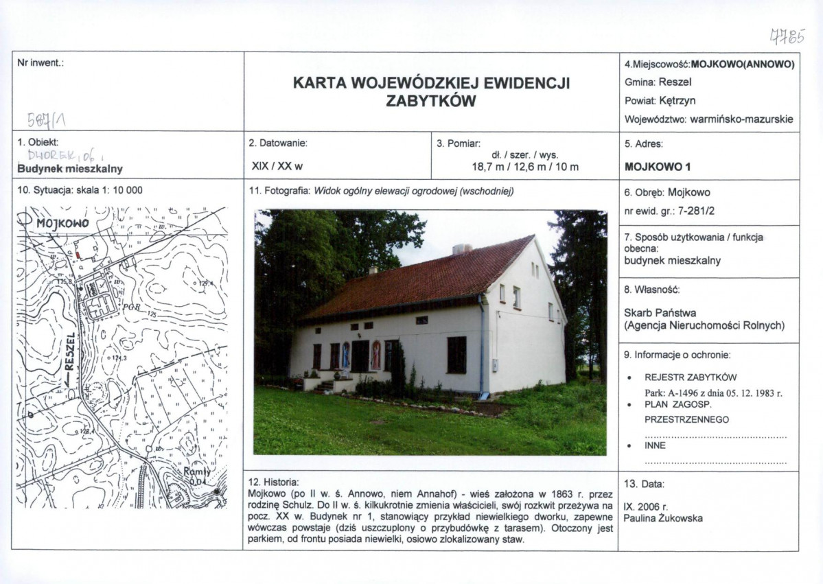 Karta obiektu niewpisanego do rejestru, skan nr 1