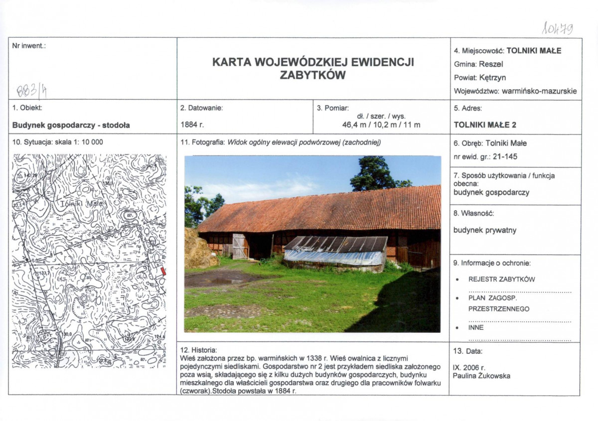 Karta obiektu niewpisanego do rejestru, skan nr 1