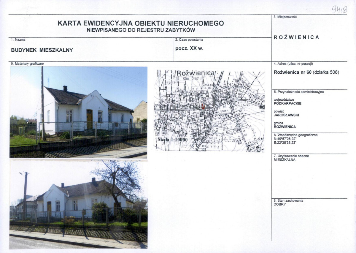 Karta obiektu niewpisanego do rejestru, skan nr 1