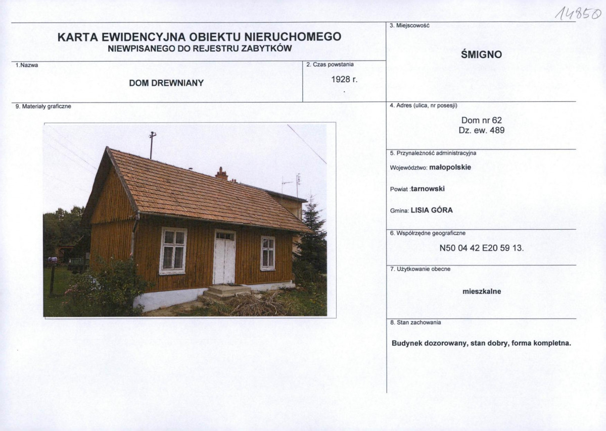 Karta obiektu niewpisanego do rejestru, skan nr 1