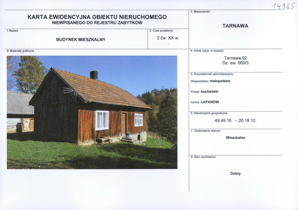 Karta obiektu niewpisanego do rejestru, skan nr 1