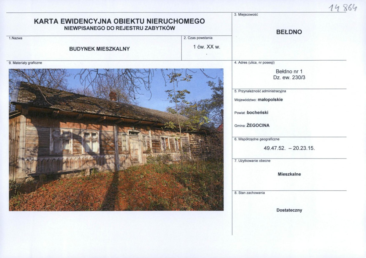 Karta obiektu niewpisanego do rejestru, skan nr 1