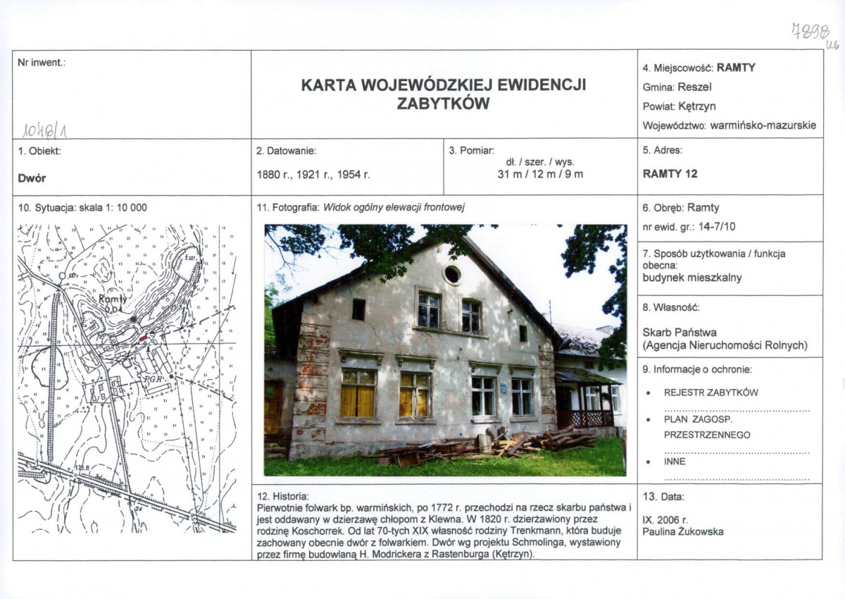 Karta obiektu niewpisanego do rejestru, skan nr 1