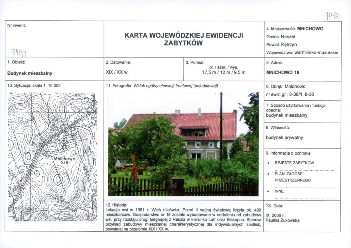Karta obiektu niewpisanego do rejestru, skan nr 1