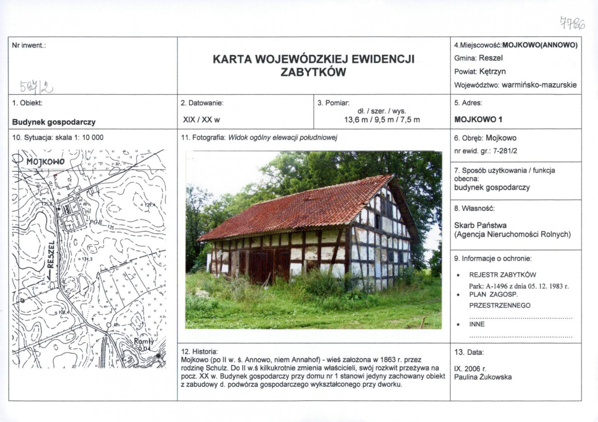 Karta obiektu niewpisanego do rejestru, skan nr 1