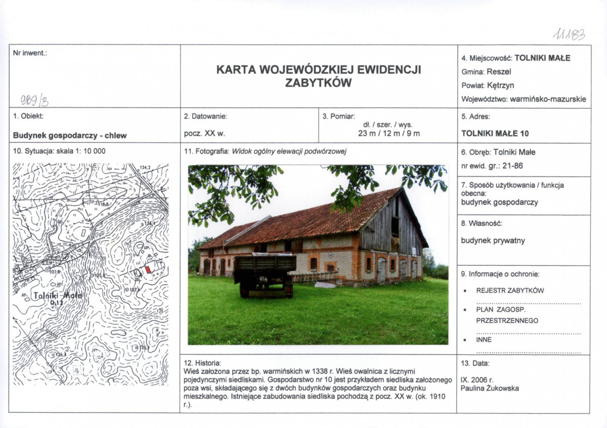 Karta obiektu niewpisanego do rejestru, skan nr 1