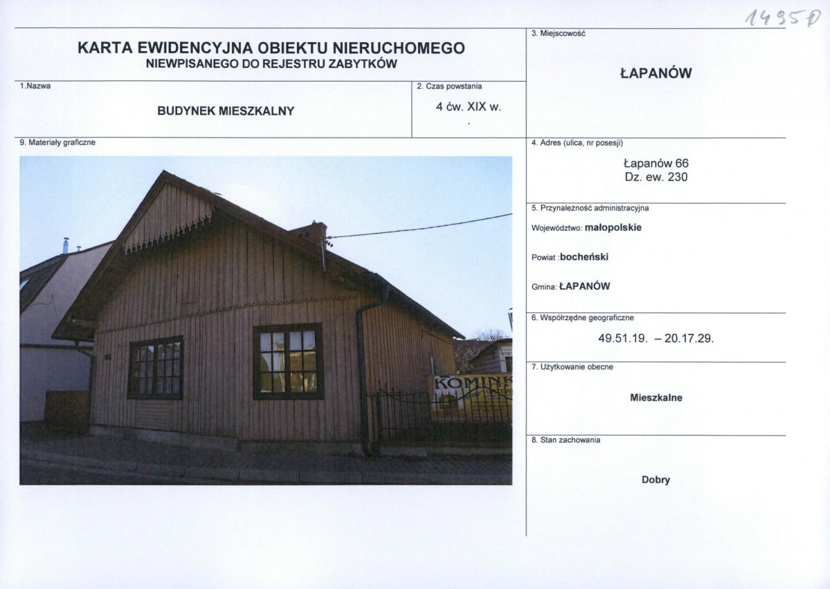 Karta obiektu niewpisanego do rejestru, skan nr 1