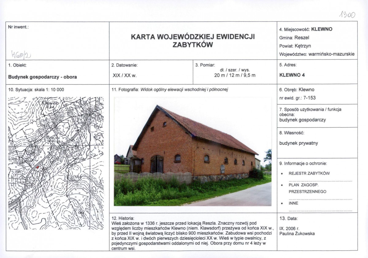 Karta obiektu niewpisanego do rejestru, skan nr 1