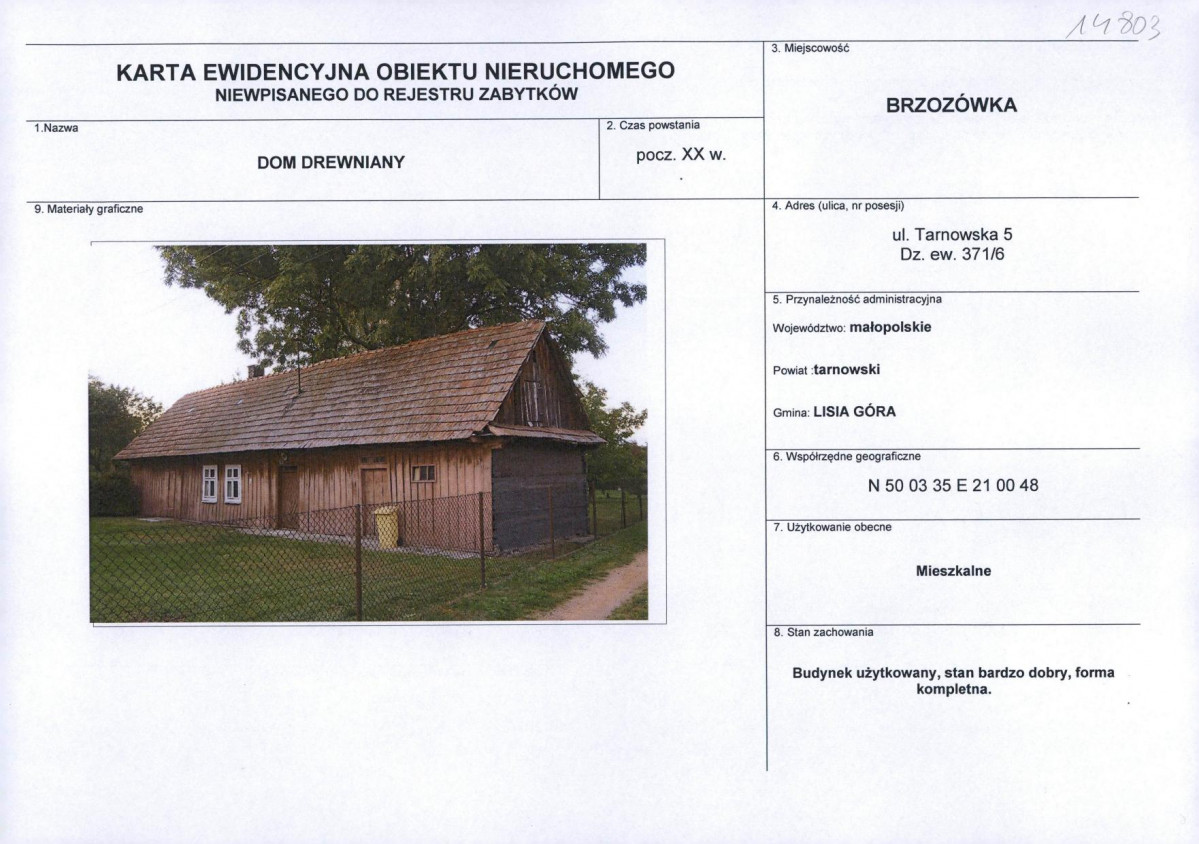 Karta obiektu niewpisanego do rejestru, skan nr 1