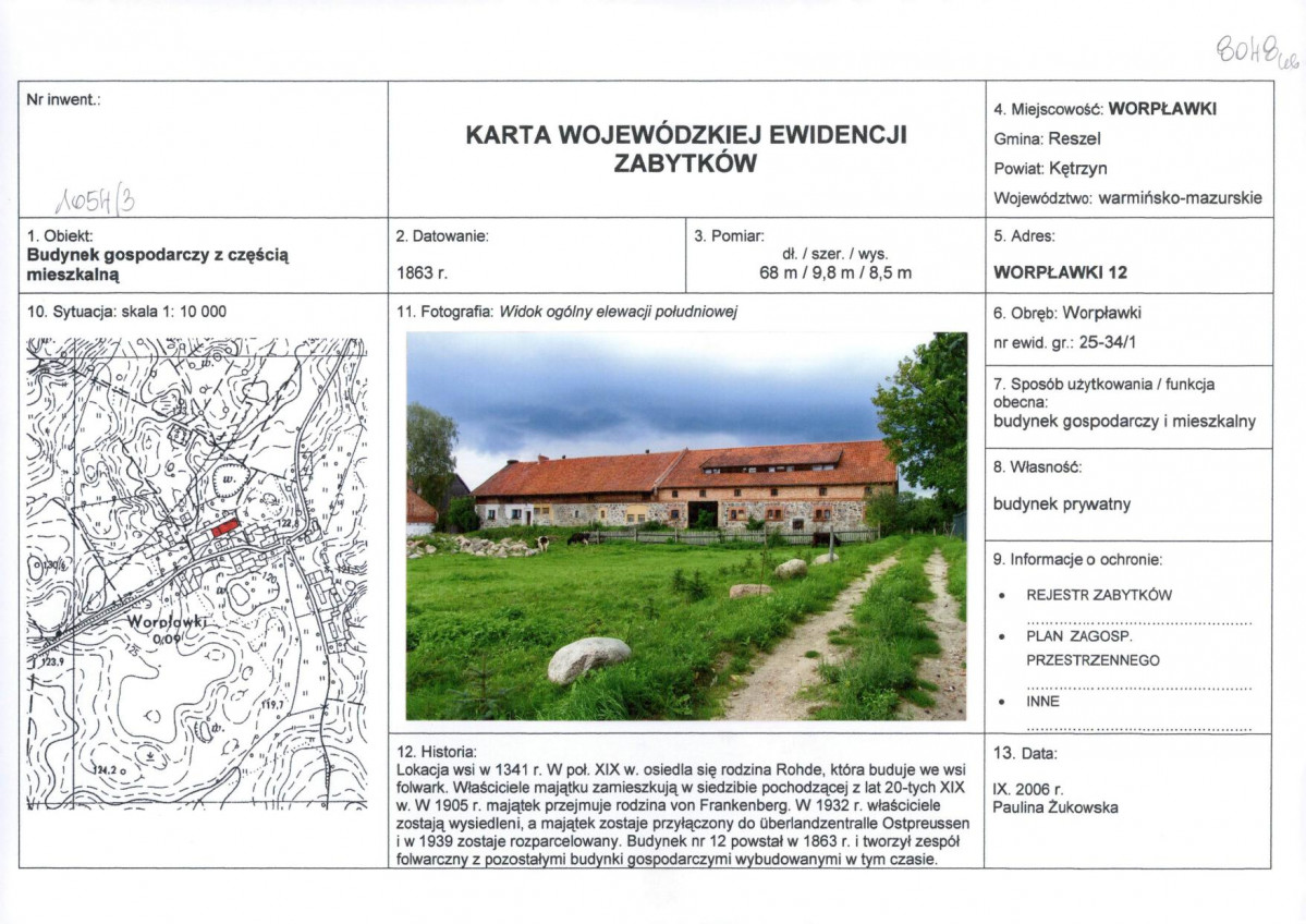 Karta obiektu niewpisanego do rejestru, skan nr 1