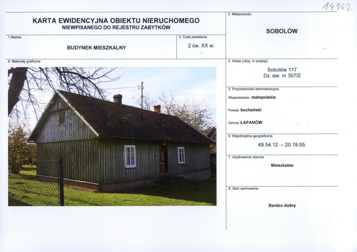 Karta obiektu niewpisanego do rejestru, skan nr 1