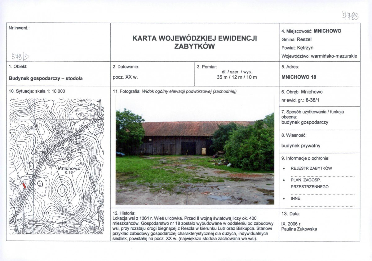 Karta obiektu niewpisanego do rejestru, skan nr 1