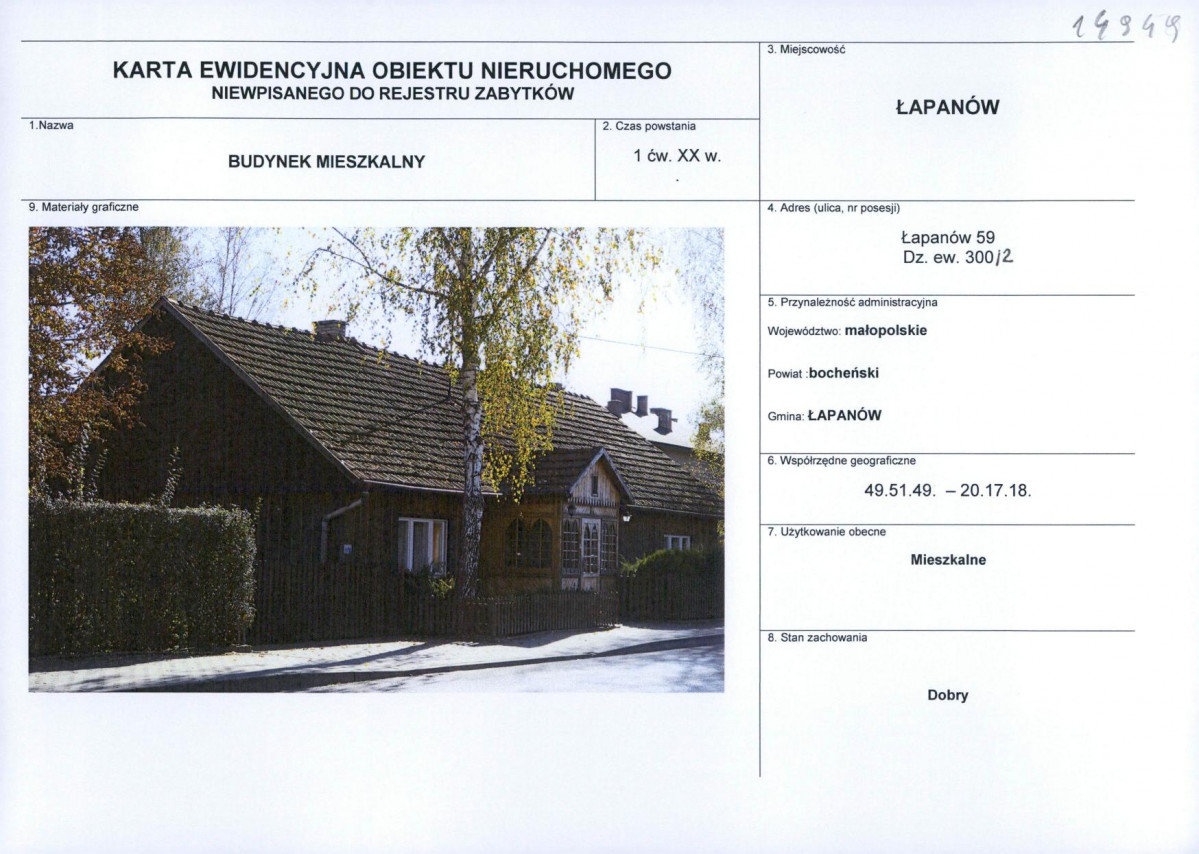 Karta obiektu niewpisanego do rejestru, skan nr 1
