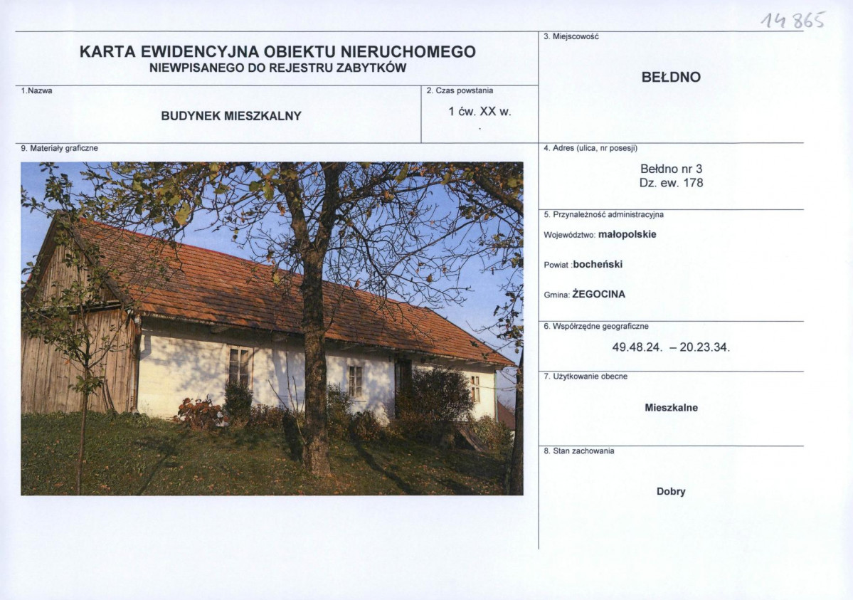 Karta obiektu niewpisanego do rejestru, skan nr 1