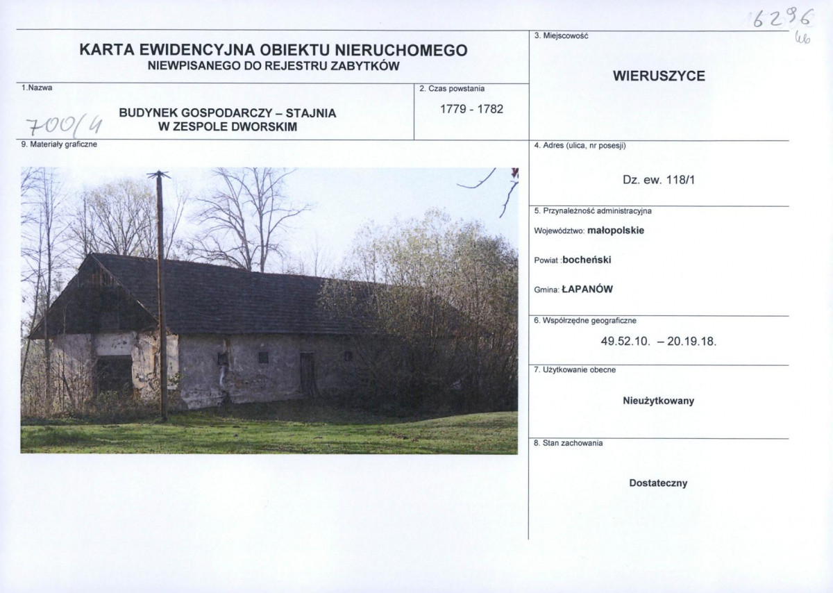 Karta obiektu niewpisanego do rejestru, skan nr 1