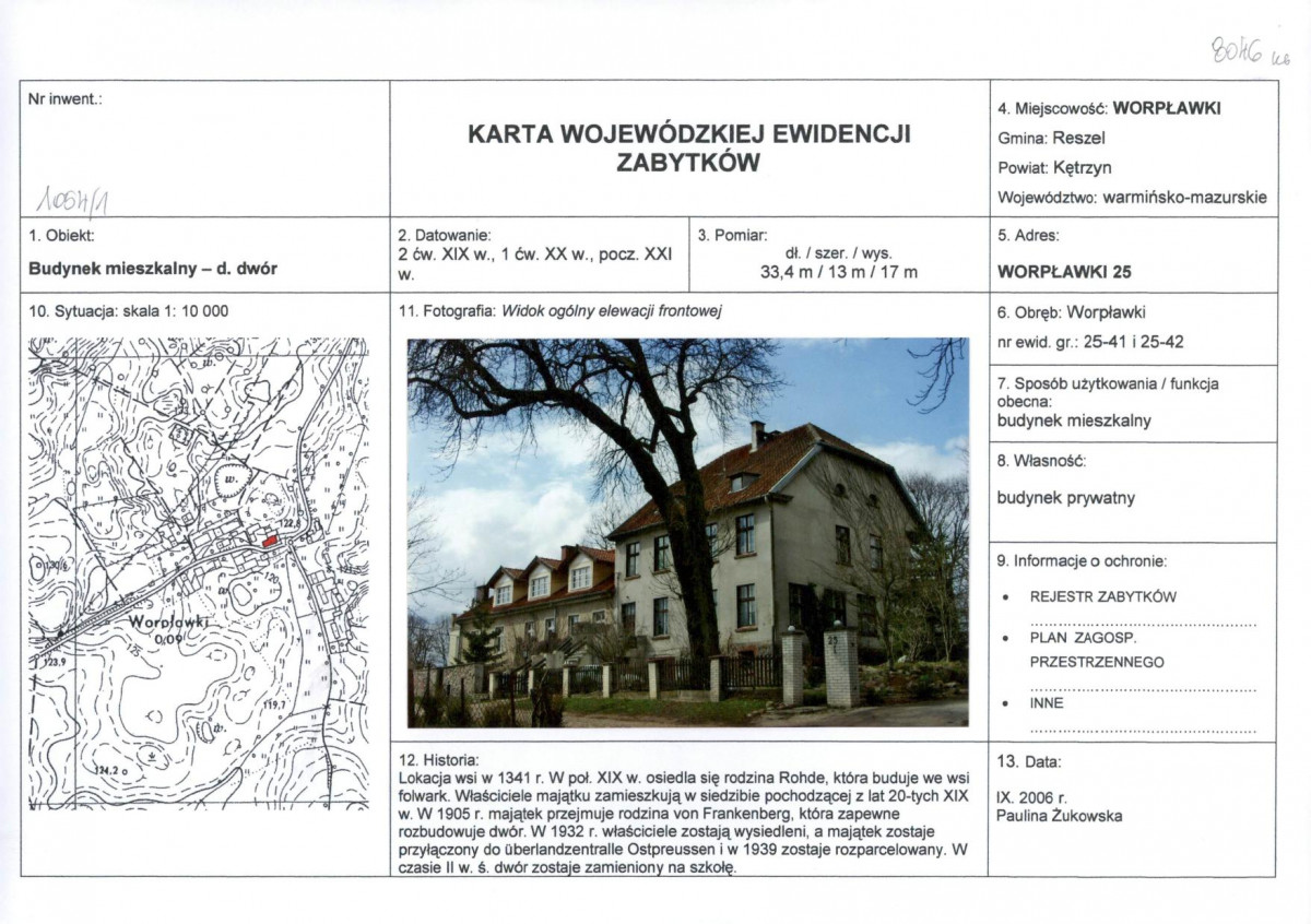 Karta obiektu niewpisanego do rejestru, skan nr 1