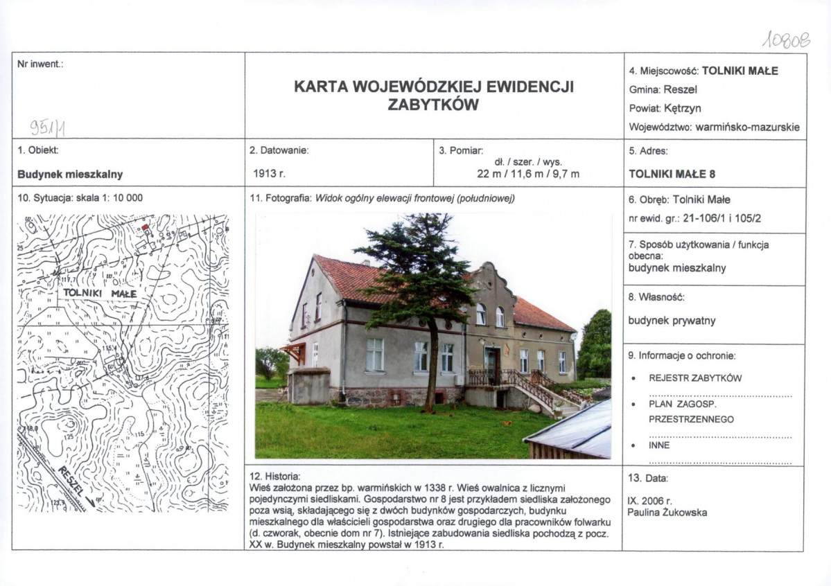 Karta obiektu niewpisanego do rejestru, skan nr 1