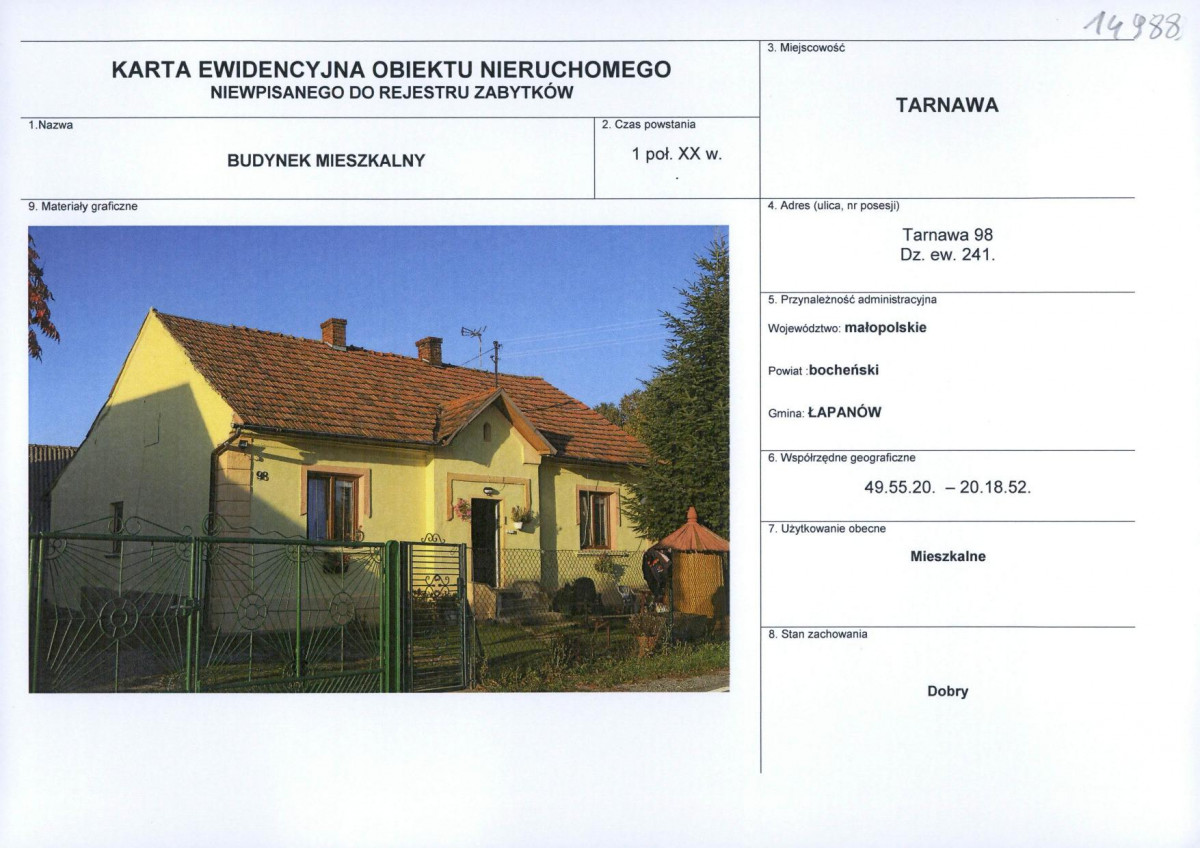 Karta obiektu niewpisanego do rejestru, skan nr 1