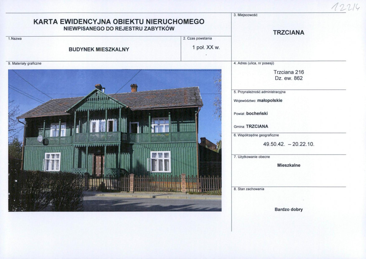 Karta obiektu niewpisanego do rejestru, skan nr 1